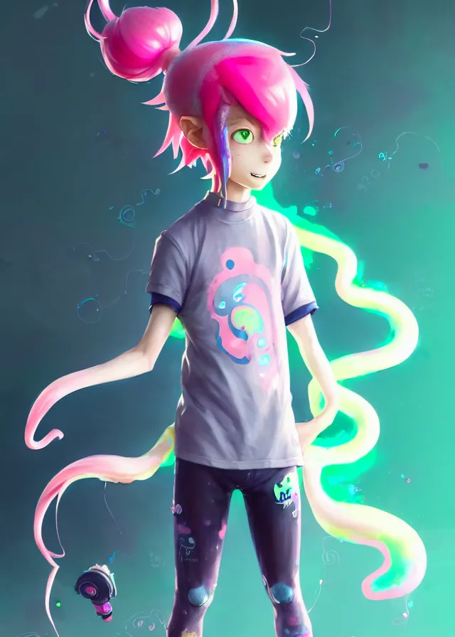 Image similar to a beautiful fullbody portrait of a cute splatoon anime boy with pink hair and green eyes wearing sports clothing tight leggings. character design by cory loftis, fenghua zhong, ryohei hase, ismail inceoglu and ruan jia. artstation, volumetric light, detailed, photorealistic, fantasy, rendered in octane