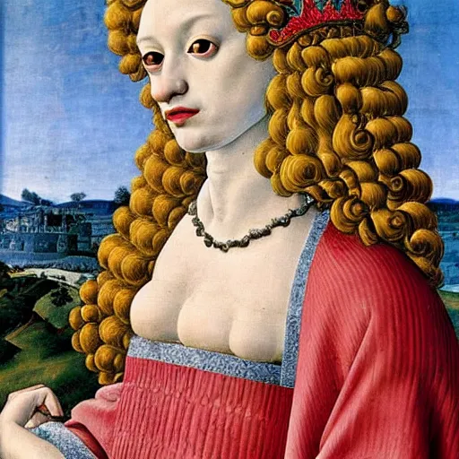 Image similar to portrait of a white poodle with curly white hair as an italian queen, painting by botticelli, 1 4 8 0 s