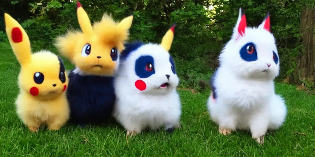 Image similar to real life pokemons, cute!!!, content!!!, mischievous!!!, adorable!!!, fluffy!!!, ultra realistic!!!, spring, golden hour, sharp focus