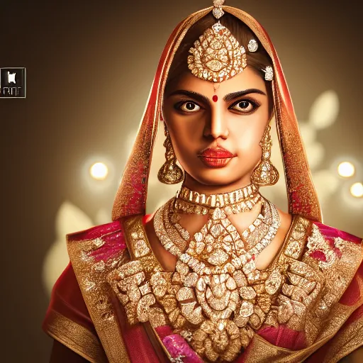 Image similar to portrait of hindi princess with diamond jewelry, ornate, 8 k, gorgeous, intricate, detailed, glowing white accent lighting, dramatic lighting, octane render