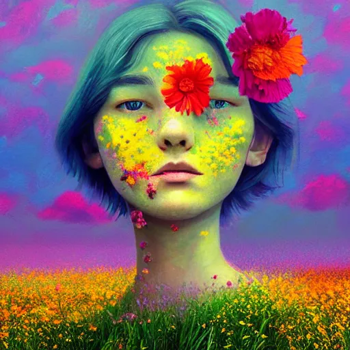 Image similar to girl with one blooming flower as a face, surreal photography, dream, standing in flower field, hills, big trees, sunrise dramatic light, impressionist painting, colorful clouds, digital painting, pointillism, artstation, simon stalenhag, flower face