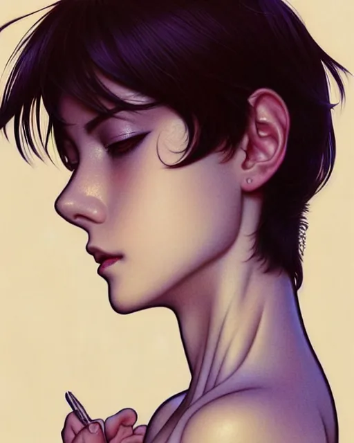 Prompt: ' bored woman with short hair ', closeup shot of face, beautiful shadowing, 3 d shadowing, reflective surfaces, illustrated completely, 8 k beautifully detailed pencil illustration, extremely hyper - detailed pencil illustration, intricate, epic composition, masterpiece, bold complimentary colors. stunning masterfully illustrated by artgerm, range murata, alphonse mucha, katsuhiro otomo.