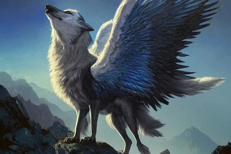 Image similar to Blue feathered wolf with wings on a beautiful fantasy landscape, hills, mountains, moonlit, HD, illustration, epic, D&D, fantasy, intricate, elegant, highly detailed, digital painting, artstation, concept art, smooth, sharp focus, illustration, art by artgerm and greg rutkowski and alphonse mucha