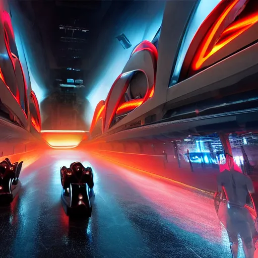 Prompt: futuristic high - budget imax action movie, a brutal futuristic chariot race with cyborg android racers and genetically modified monstrous horse creatures, inside a brutalist dystopian futuristic pipe organ with a massive rowdy crowd cheering, neon advertisements, volumetric fog and haze, light beams, 4 k, photorealistic, ultra - detailed