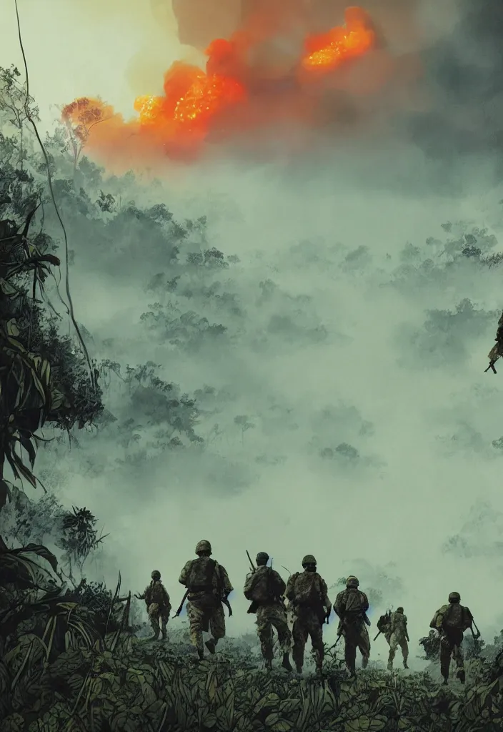 Image similar to handmade illustration of an epic Vietnam war scene with a few american soldiers walking, the jungle at the background, some smoke and fire, blue sky with dramatic clouds, line art, ink, watercolor by Kilian Eng and by Jake Parker, heavy brushstrokes, winning-award masterpiece, fantastic, octane render, 8K HD Resolution, High quality image