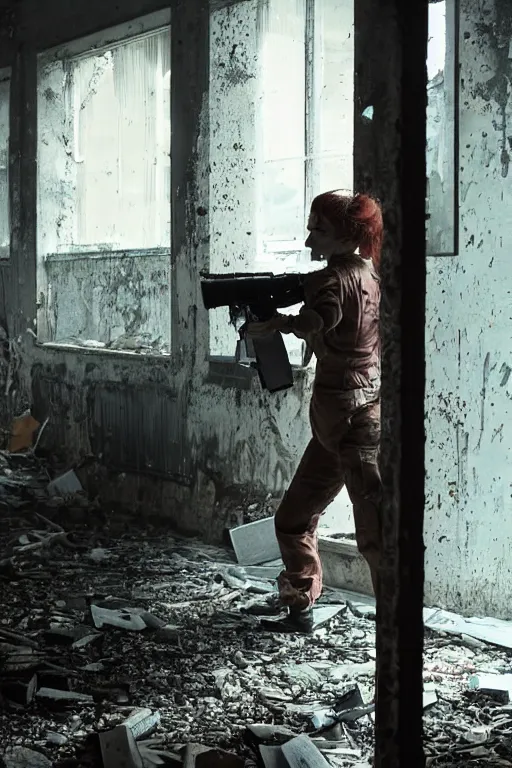 Prompt: dystopian hazmat woman holding zombie at gunpoint in dilapidated building. by Roger Deakins