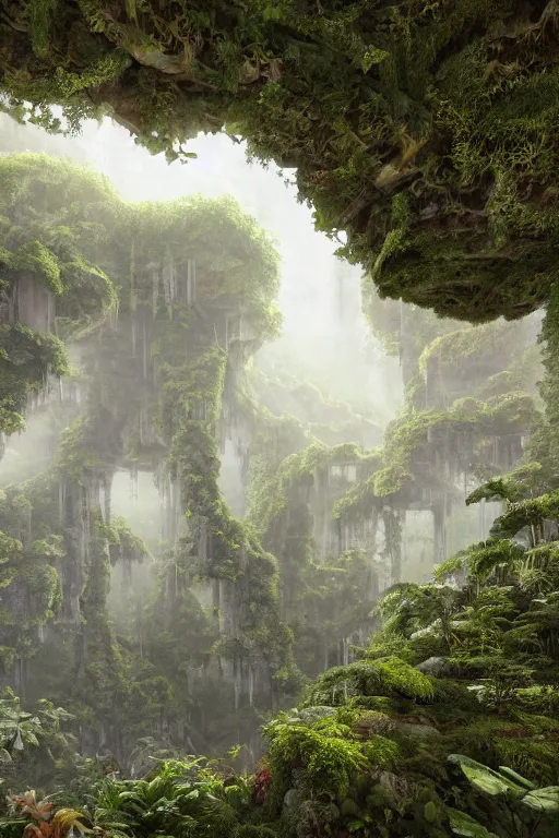 Image similar to ancient fractal temple megastructure in the hanging gardens of a radiant forest jungle, overgrown garden, scanned earth terrain fractal bridges, highly detailed erosion algorithm landscape, by albert bierdstat, by glenn small, high resolution, 8 k photorealism, god rays in volumes of fog, looking up perspective, unreal engine, octane render, realistic render