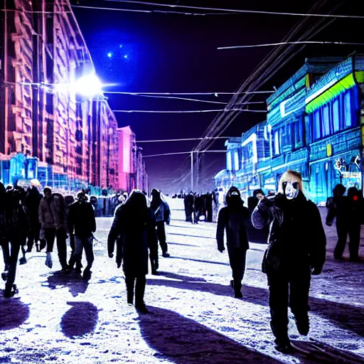 Image similar to people are walking past plasma vehicles, back from work in a Russian cyberpunk city called Neo Norilsk on the Moon, pitch black sky with stunning bright stars, bright sun, diverse, lively, black sky full of stars, blinding bright sun, sci-fi, lots of flying cars, levitation, cyberpunk outfits, photorealistic, grainy, 35mm, intricate, very very beautiful, elegant, smooth, cinematic, Unreal Engine 5, by Beeple, trending on Artstation HD