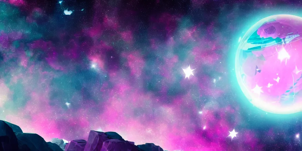 Prompt: magenta crystal planet with falling spaceship above, 🌌, sparkling stars, kaleidoscopic, 8k,  high detail, wide shot