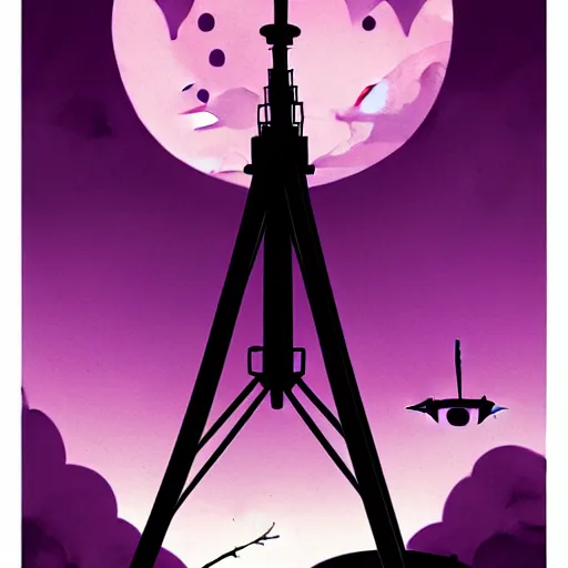 Prompt: artgerm, abigail larson, saul bass, purple color pallete, welcome to night vale, radio tower with black hole above it, helicopter, spooky strange weird quirky, cartoon, 2 d, chiral lighting