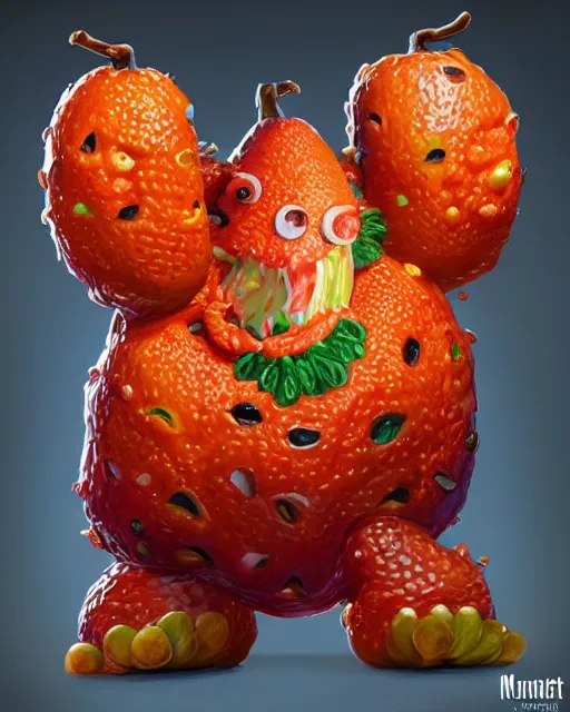 Prompt: a fruit figurine monster made of different fruit, concept art, oil painting, highly detailed, dramatic lighting, hyperrealistic, 8 k, artstation, cgsociety