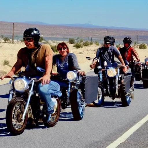 Prompt: a gang of biker cats, riding motorbikes, route 6 6