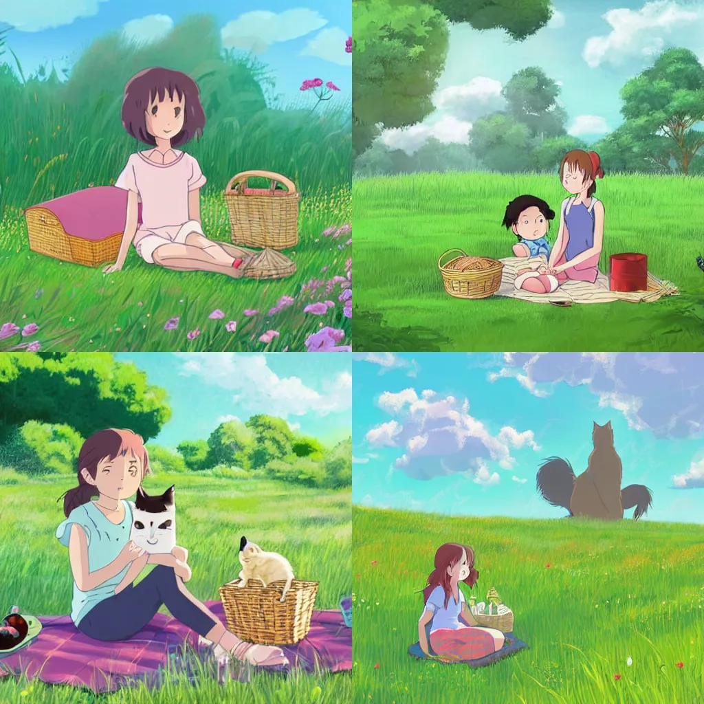 Prompt: a girl and her cat sit on a picnic run in a grassy meadow in style of studio ghibli, digital art