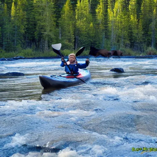 Prompt: baby kayaking on a canadian river through boreal forest past a moose, in the style of action sports photography, high definition,