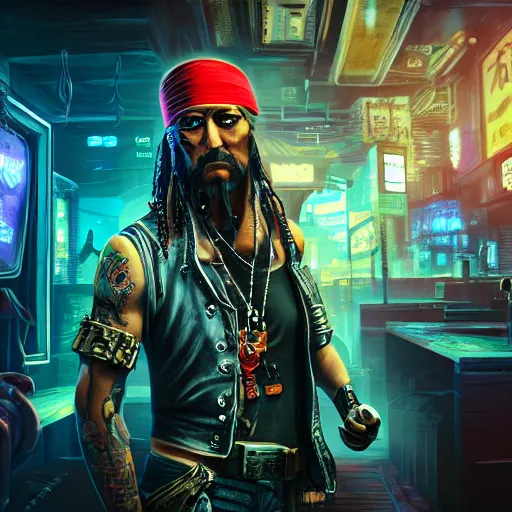 Image similar to a high quality portrait of a gritty pirate in a cyberpunk cyberpunk cyberpunk cafe, realism, 8k, award winning photo