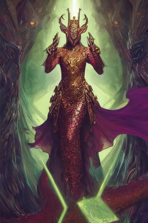 Prompt: masterpiece digital painting of a queen reptilian, dragon centered, gold obsidian armor, chaotic ruby inlays, large cape, background, by kev walker and greg rutkowski and mucha, green sparkles, artstation, photoshoot, cinematic lights