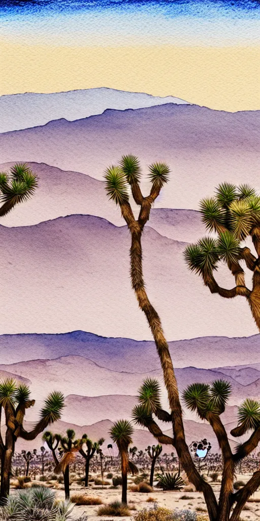 Image similar to hyper detailed Joshua tree desert watercolor painting, boho, mid century, modern, beige and Grey sunset, finely detailed, hd, 8k minimalism, edge to edge, 8k