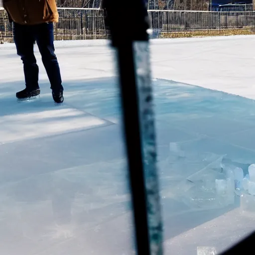 Image similar to see through clear sheet of ice in front of man man behind ice