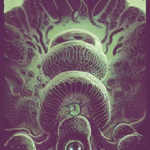 Image similar to highly detailed illustration of a nausicaa alien cephalopod in a world overgrown with fungus and spores, diffuse lighting, fog, stunning atmosphere, religious imagery, huge gargantuan black sun, muted colors, by kilian eng and james jean