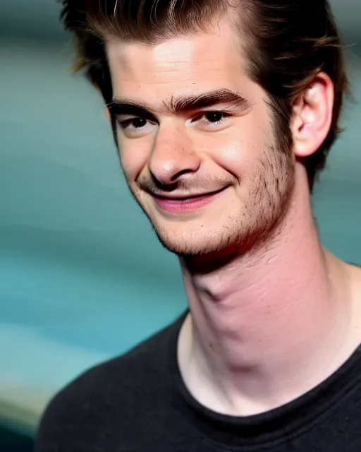 Image similar to a cursed image of andrew garfield in a dark, empty swimming pool, really scary, looking this way.