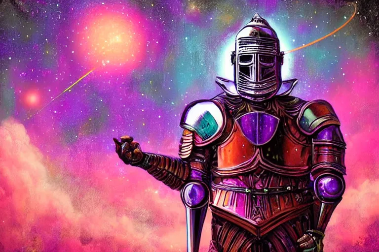 Image similar to digital art of a spiritual medieval knight wearing suit of armor looking up at the stars, acrylic art, universe, painting, pastel colors, synthwave, retro, cyberpunk,