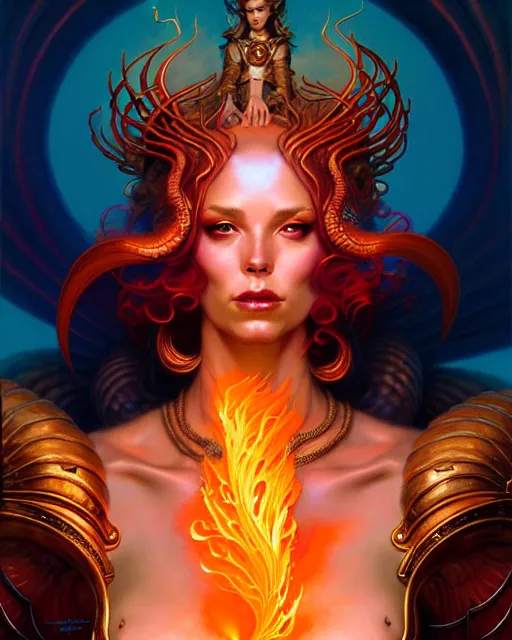 Image similar to goddess of fire, beautiful fantasy character portrait, ultra realistic, wide angle, intricate details, highly detailed by peter mohrbacher, boris vallejo, hajime sorayama, wayne barlowe, aaron horkey, gaston bussiere, craig mullins