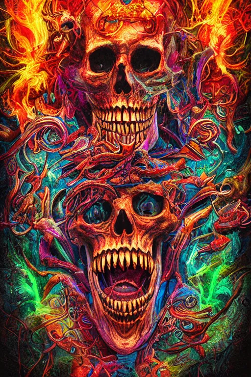 Image similar to 35 mm lens photo of chthonic scull lsd colors with sharp teeth and rgb background smoke, direct sunlight, glowing, vivid, detailed painting, Houdini algorhitmic pattern, by Ross Tran, WLOP, artgerm and James Jean, masterpiece, award winning painting