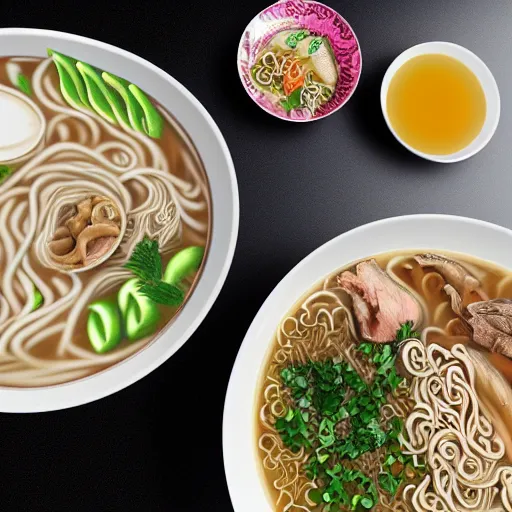 Image similar to flatlay realistic photo of delicious pho, ramen, highly detailed, natural light, 8 k hd, award winning