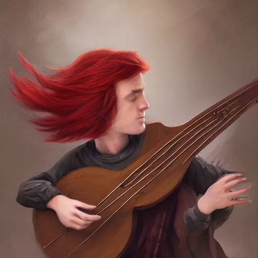 Image similar to red hair boy playing a lute in an inm, dramatic, intricate, elegant, highly detailed, digital painting, artstation, concept art, smooth, sharp focus, illustration, octane render, art by Leesha Hannigan, Ross Tran, Thierry Doizon, Kai Carpenter, Ignacio Fernández Ríos