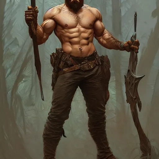 Prompt: rugged male ranger, handsome, D&D, upper body, muscular, hairy torso, fantasy, intricate, elegant, highly detailed, digital painting, artstation, concept art, smooth, sharp focus, illustration, art by artgerm and greg rutkowski and alphonse mucha
