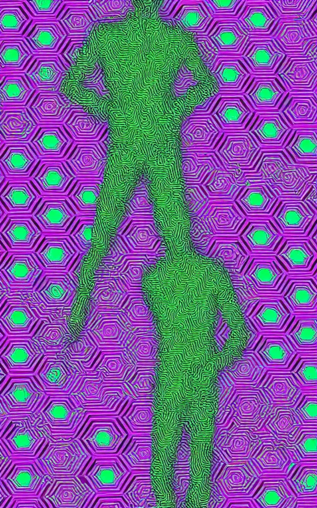 Prompt: Psychedelic Business Suit by Alex Grey and Android Jones in the style of Max Chroma interlocking halftone tessellated hexagons