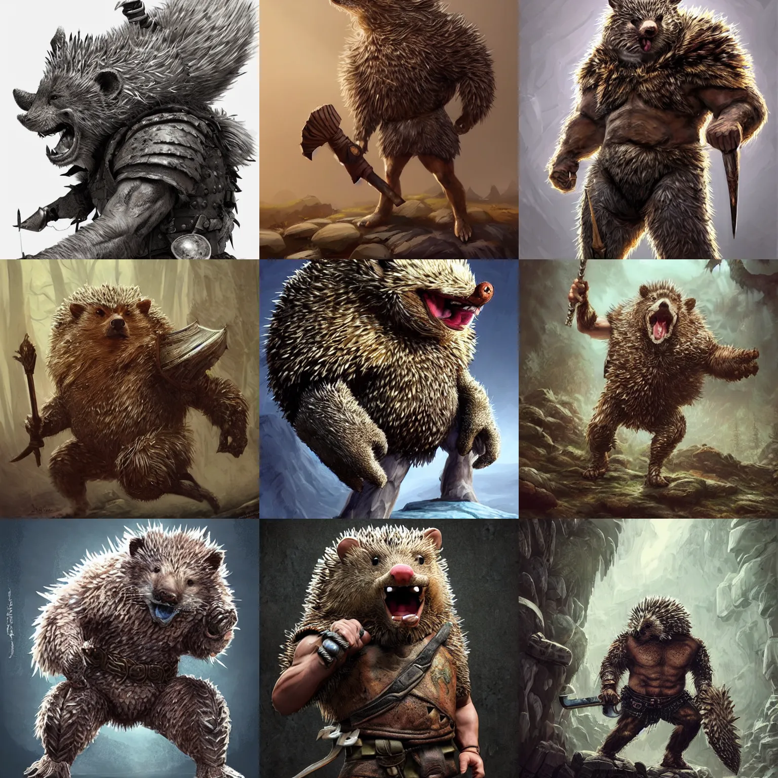 Prompt: anthropomorphic rugged hedgehog!!! with furry!! oversized barbarian muscular armored upper body, action battle pose,long hair, 👅 👅 , D&D, fantasy, intricate, elegant, highly detailed, digital painting, artstation, concept art, smooth, sharp focus, illustration, art by artgerm and beeple and greg rutkowski and alphonse mucha