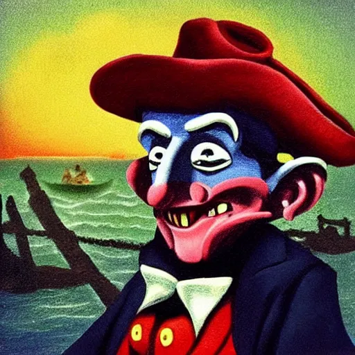 Image similar to “Walt Disney dressed like Freddy Krueger on a pirate ship sailing over Niagara Falls, in the style of artist Henri Rousseau.”