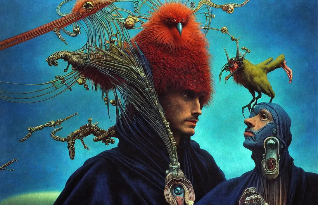 Image similar to realistic detailed portrait movie shot of a birdman wearing a dark robes, sci fi city landscape background by denis villeneuve, amano, yves tanguy, alphonse mucha, ernst haeckel, max ernst, roger dean, masterpiece, rich moody colours, dog teeth, blue eyes, sunrise