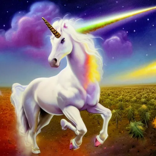 Image similar to an iridescent unicorn with translucent wings eating in a field of marijuana, nebulas is in the sky, oil painting by boris vallejo, concept art, highly detailed, high quality, 8 k,