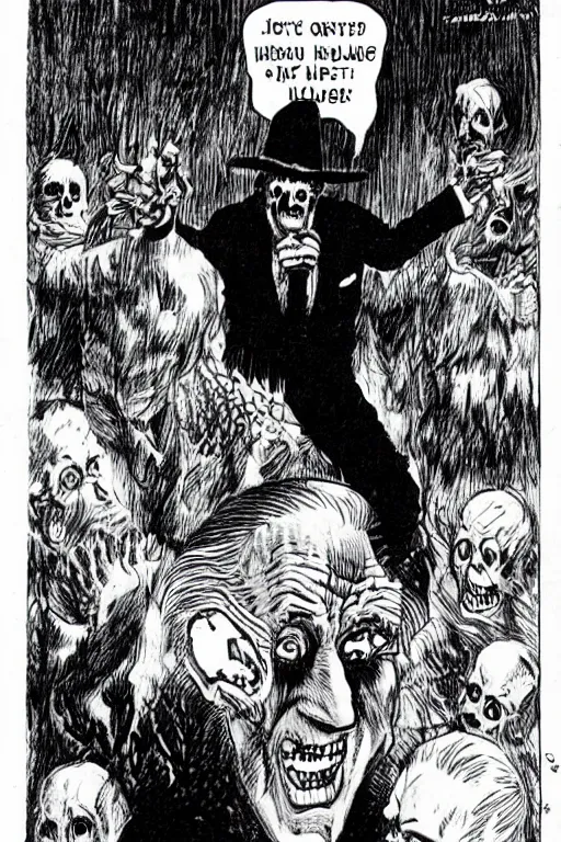 Prompt: Joe Biden getting scared during Halloween, terrified, spooked, trick or treat, drawn by bernie wrightson