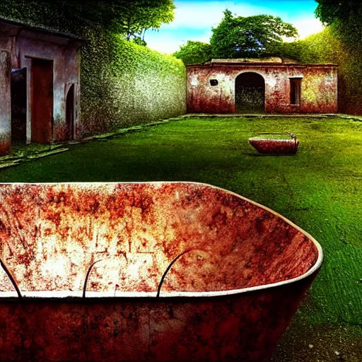 Image similar to hyperrealism photography computer simulation visualisation of parallel universe detailed old rusty bath in the detailed ukrainian village garden in dramatic scene from art house futuristic movie by caravaggio and alejandro jodorowsky