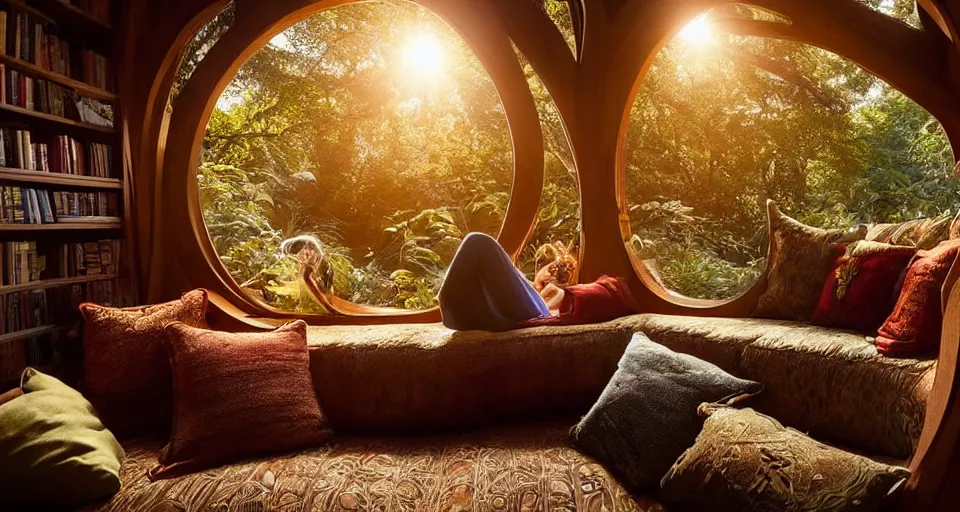 Image similar to an incredibly beautiful scene from a 2 0 2 2 marvel film featuring a cozy art nouveau reading nook in a fantasy treehouse interior. a couch with embroidered pillows. golden hour. 8 k uhd.