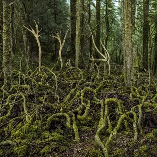 Image similar to in a dark forest with trees covered in moss, hundreds of vines entwine to take shape of an elk