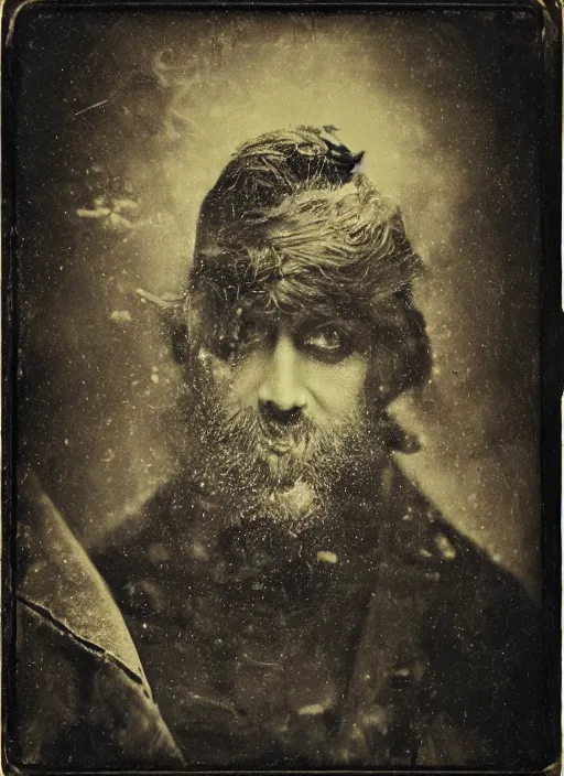 Prompt: old wetplate daguerreotype portrait of a mad man, explosion of data fragments, fractal, intricate, elegant, highly detailed, parallax, leica, medium format, subsurface scattering, by jheronimus bosch and greg rutkowski and louis jacques mande daguerre