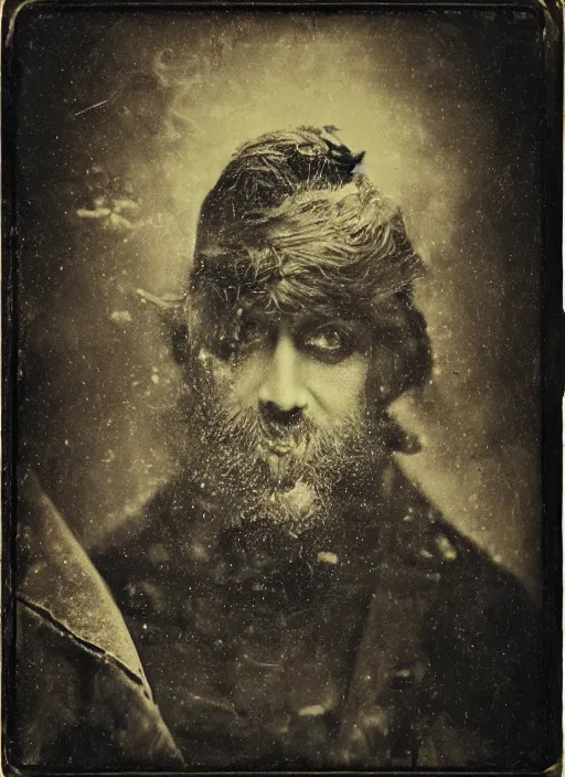 Image similar to old wetplate daguerreotype portrait of a mad man, explosion of data fragments, fractal, intricate, elegant, highly detailed, parallax, leica, medium format, subsurface scattering, by jheronimus bosch and greg rutkowski and louis jacques mande daguerre