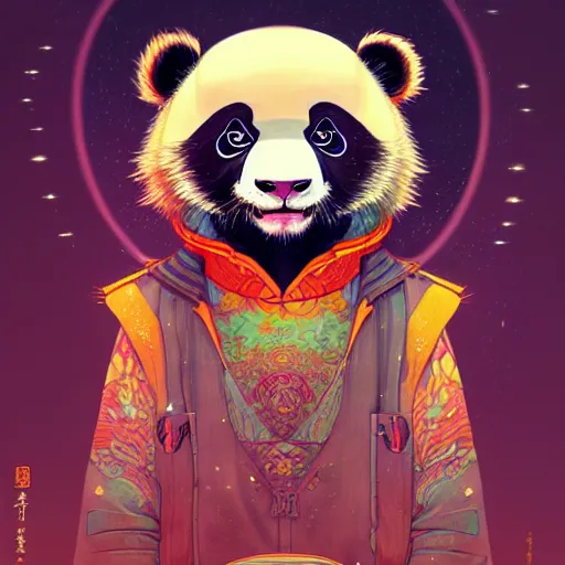 Image similar to a beautiful hyperdetailed character design 4 k wallpaper illustration of a cute panda with a chinese lion dance head victo ngai cyberpunk style, from china, style of studio ghibli, makoto shinkai, raphael lacoste, louis comfort tiffany, artgerm, james jean, ross tran, chinese style