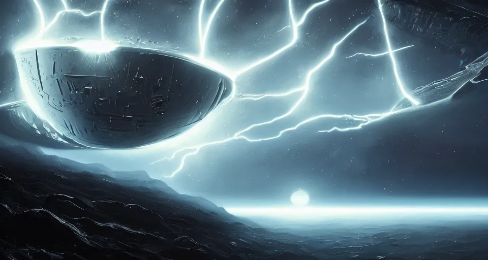 Image similar to a beaitiful painting of a distant dyson sphere close up, dramatic angle, epic cinematography,, curvature, epic composition, epic lighting, dark, completely original lightning and light sources,, cinematic angle, movie concept, trending on artstation, directed by stanley kubrick