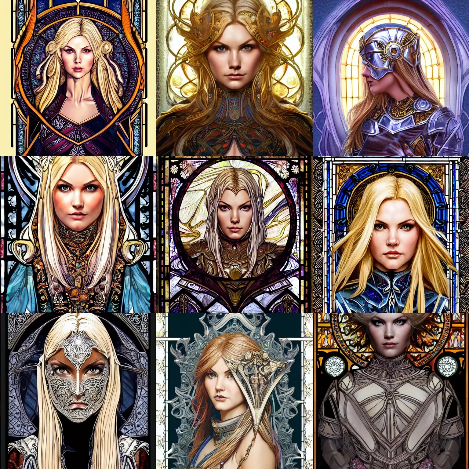 Prompt: head-on symmetrical centered painted portrait, Elisha Cuthbert as a paladin, blonde hair, ornate iron armour, art nouveau, fantasy, masterpiece stained glass, intricate, elegant, highly detailed, smooth, sharp focus, illustration, artstation, in the style of Artgerm and Anna Podedworna and Alex Ross and Mucha