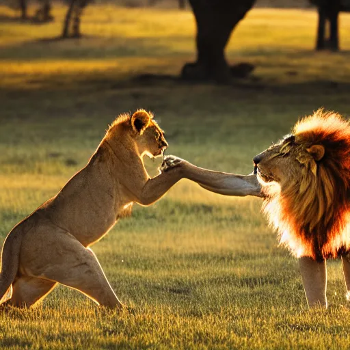 Image similar to lion slap boxing a kangaroo, savannah, national geographic, golden hour, 3 5 mm