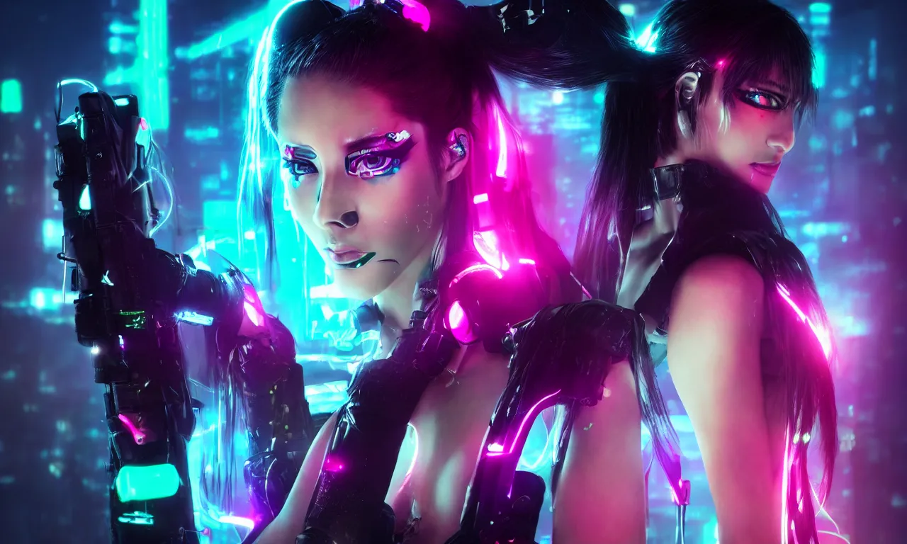 Image similar to neon cyberpunk sailor moon with arm tattoos, 1 / 4 headshot, cinematic lighting, dystopian scifi gear, gloomy, profile picture,