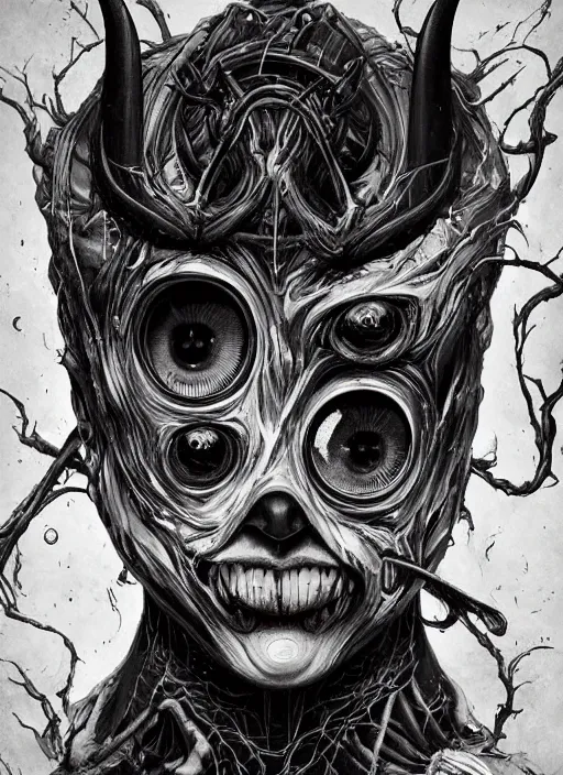 Prompt: a dream portrait of a anthropomorphic beast with three eyes, black & white, melting, webbing, 8 k, by tristan eaton, stanley artgerm, tom bagshaw, greg rutkowski, carne griffiths, ayami kojima, beksinski, giger, trending on deviantart, face enhance, hyper detailed, minimalist, horror, alien