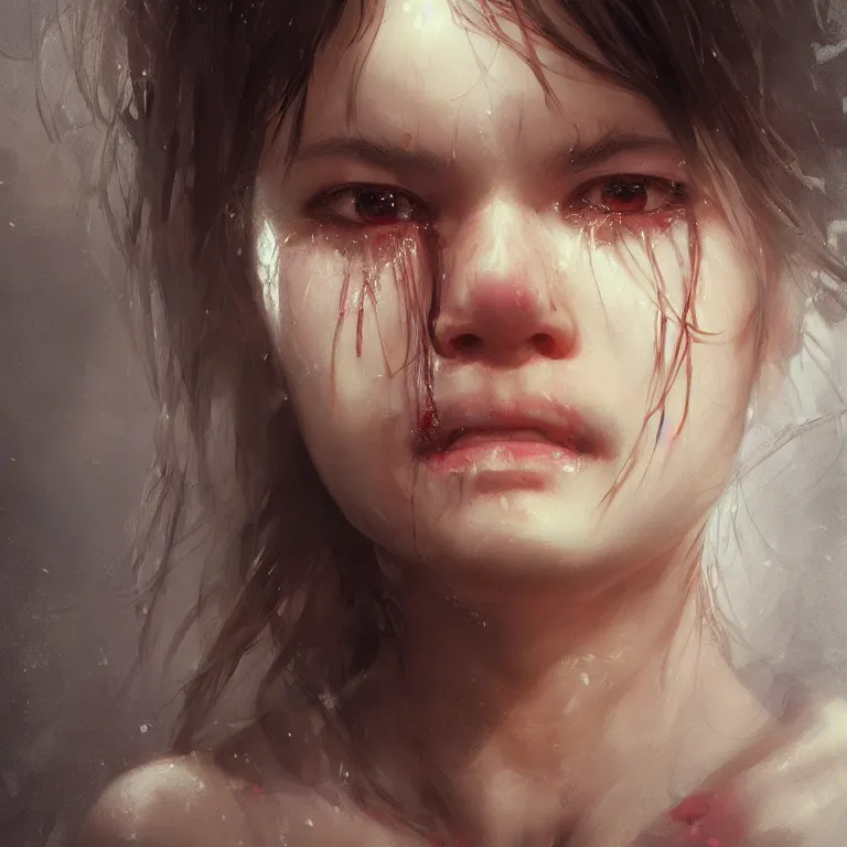 Prompt: close up of a crying girl with pretty eyes by ruan jia and mandy jurgens and artgerm and william - adolphe bouguerea, highly detailed, trending on artstation, award winning,