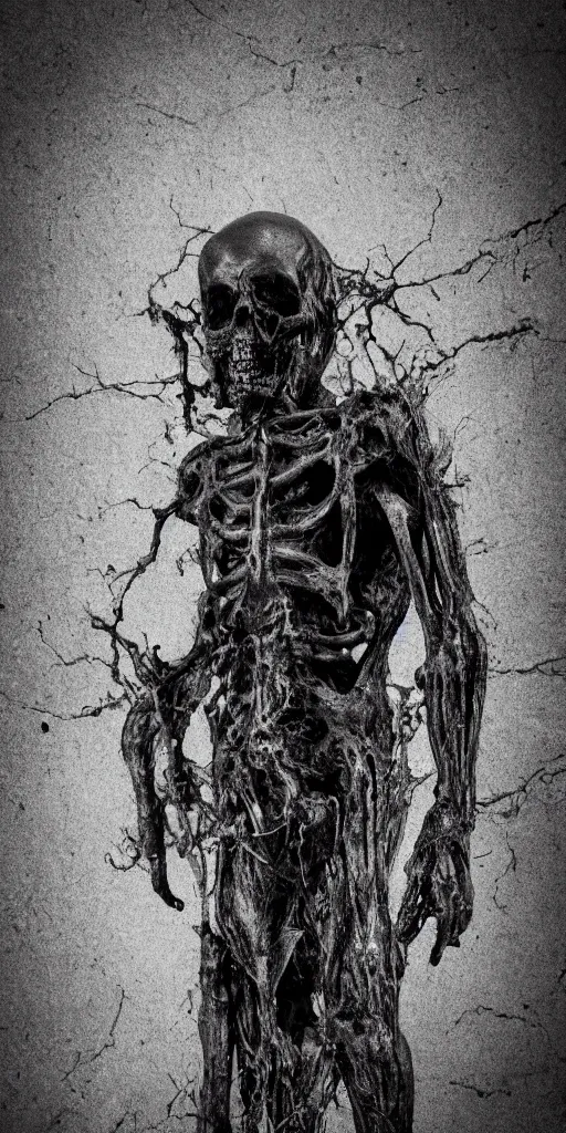 Image similar to death himself, monochrome, detailed, full body, horror, dark, grim, grainy