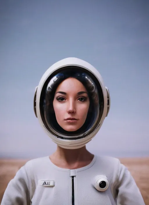 Prompt: photograph portrait of a very pretty!!! woman! symmetric face, petzval lens. out of focus, in an astronaut costume. futuristic helmet with neck protection, space station. by alesio albi and george lucas and stanley kubrick